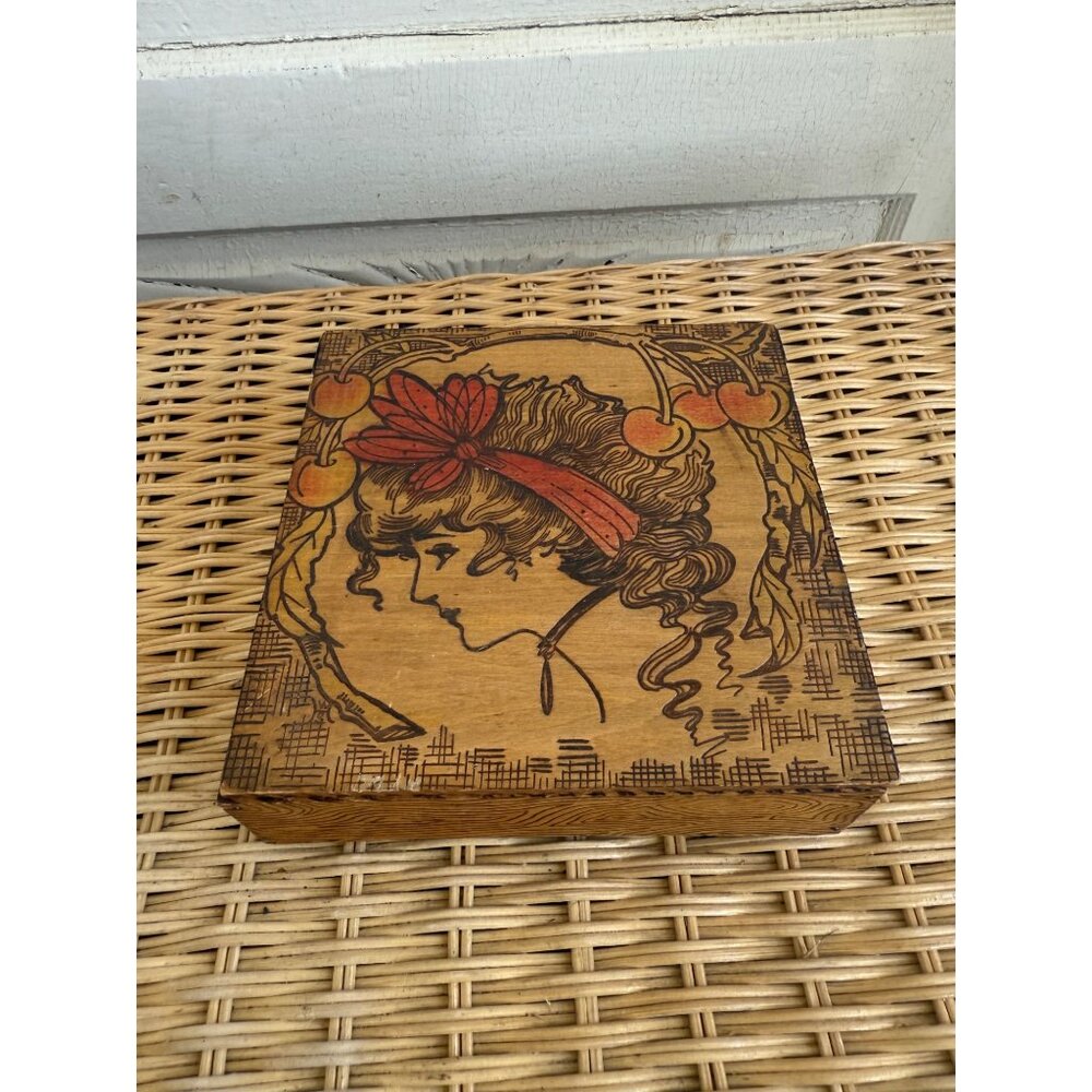 Antique 1910s Flemish Art Pyrography Hanky Box Art Nouveau Lady Cherries